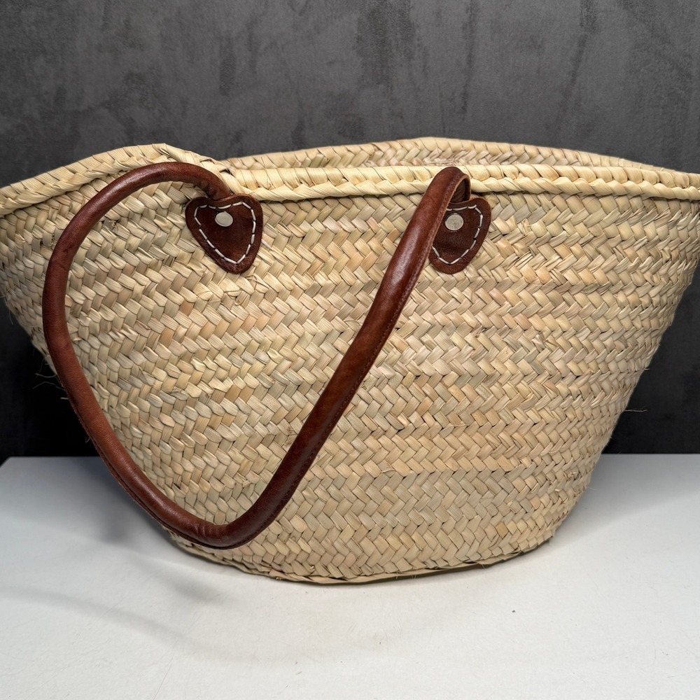 Poolside Tote Straw Bag Womens Leather Long Handle Amore in Amalfi Embroidered - Picture 2 of 7